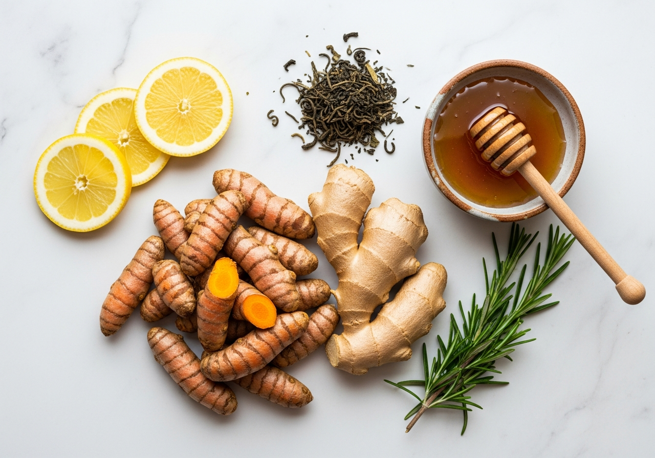 Flat lay of natural wellness ingredients — turmeric, ginger, green tea, honey
