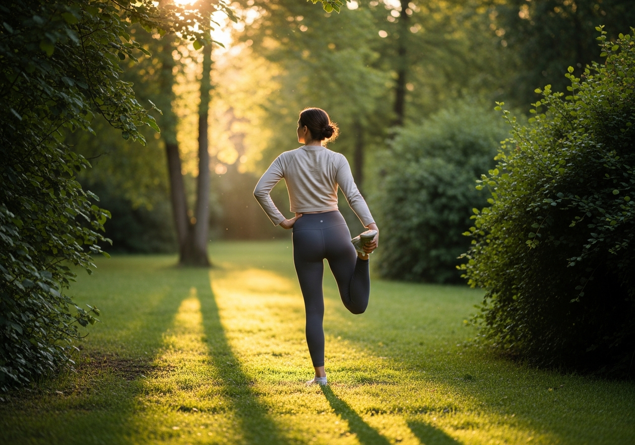 Person doing a gentle outdoor stretch in a park at golden hour