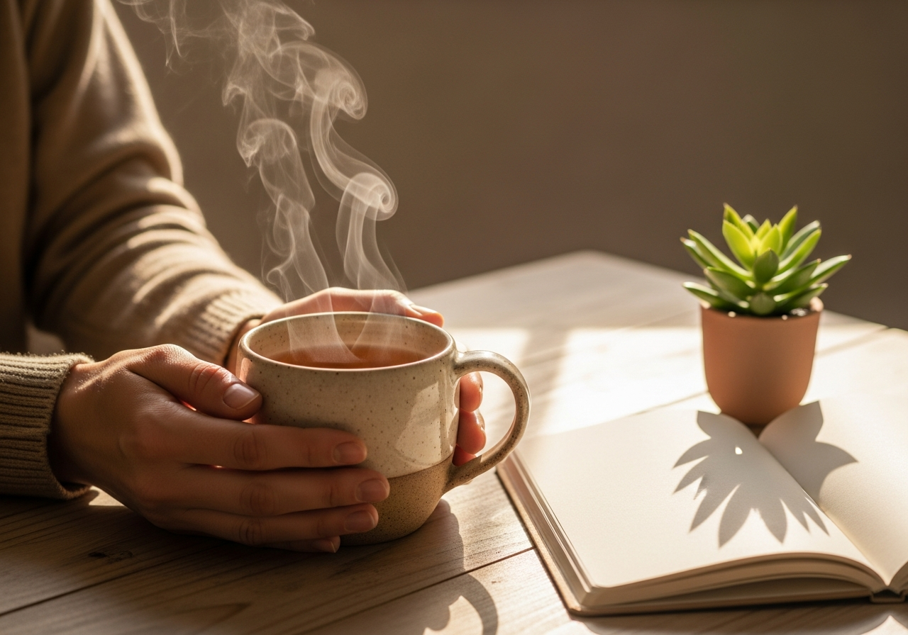Hands holding a ceramic mug of herbal tea — morning wellness ritual