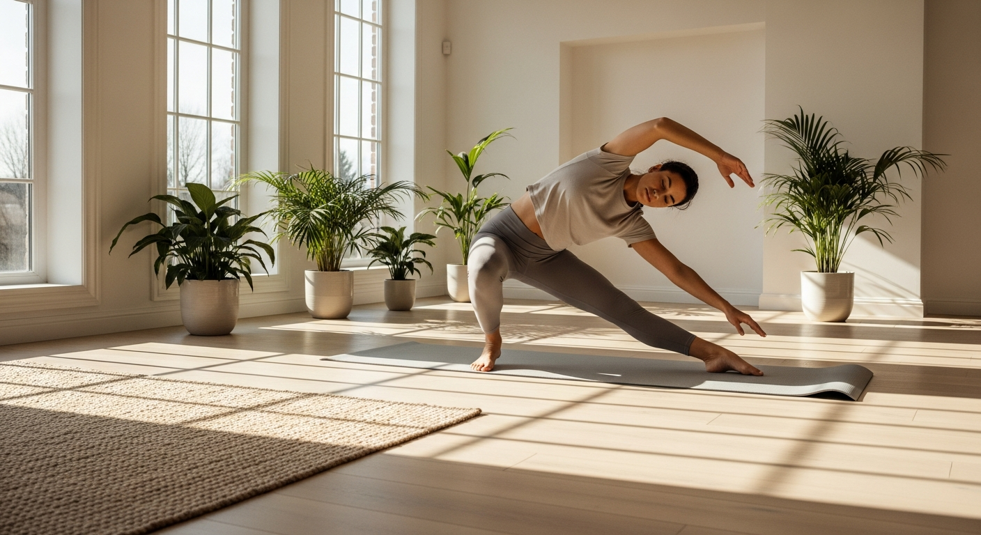 Person stretching in a bright, airy room — wellness and mobility lifestyle